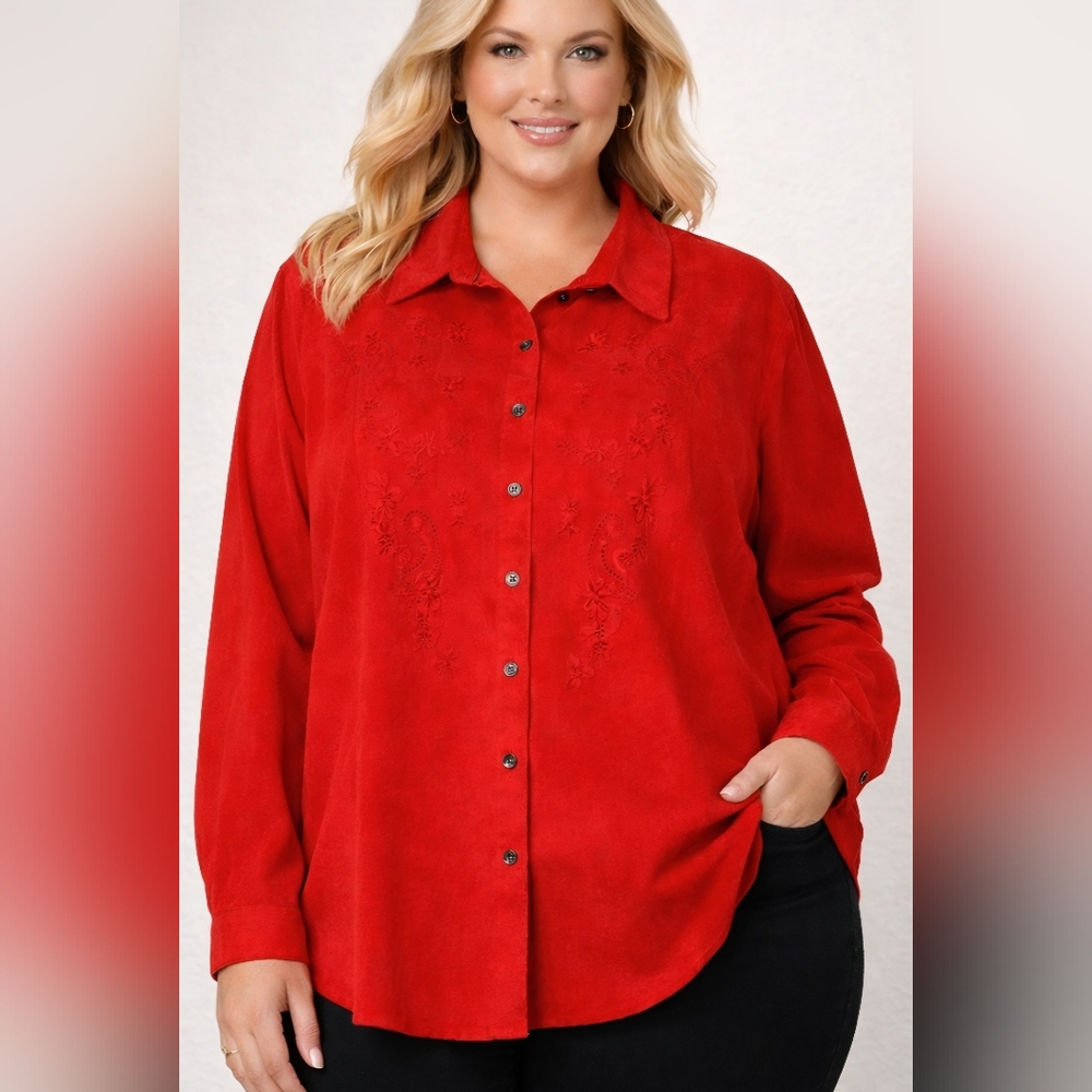 Vintage NAPA VALLEY 1X Red Vegan Suede Red Embroidered Button-Down Shirt Shacket